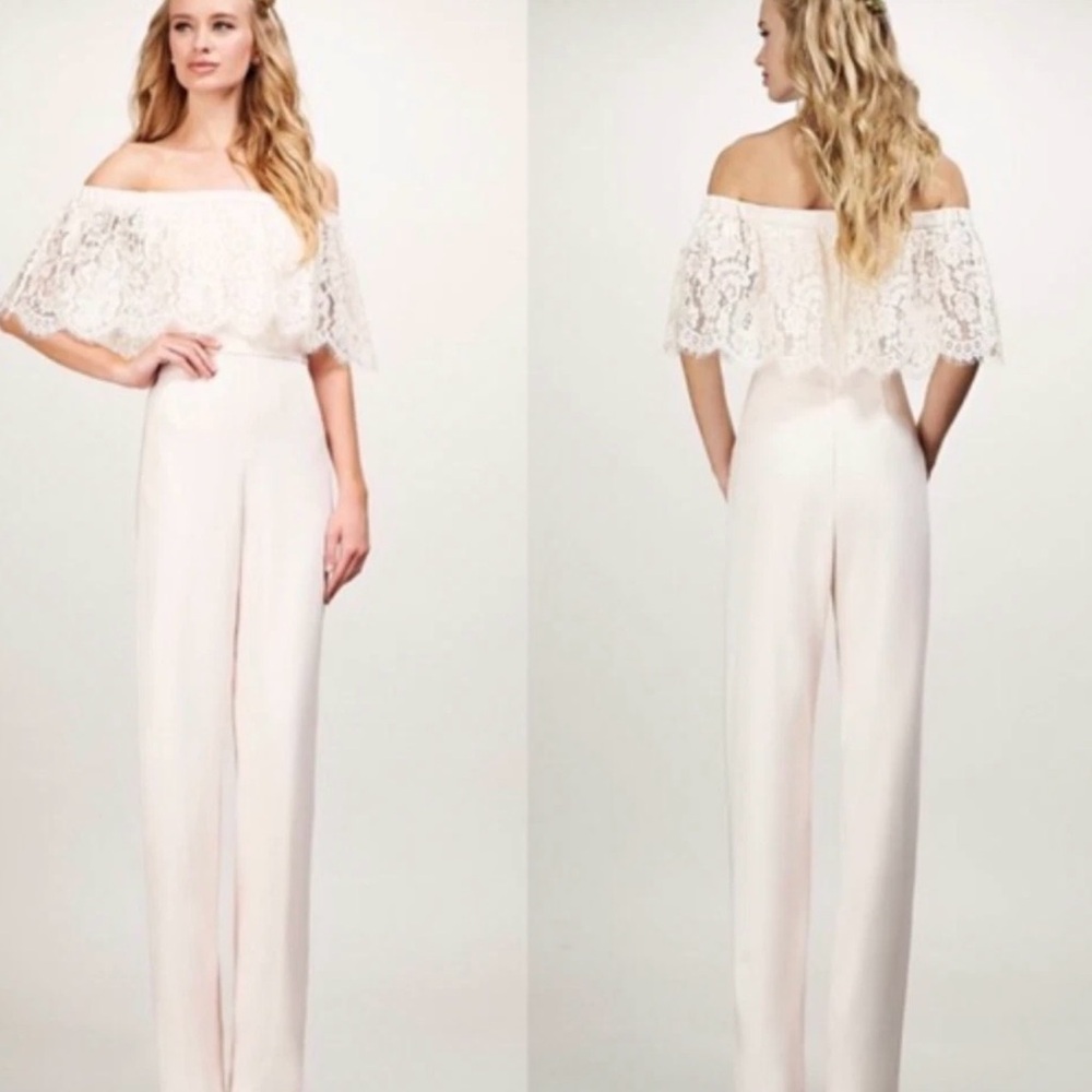 Theia BHLD ANTHROPOLOGIE Off-Shoulder Lace Bodice Wide-Leg Jumpsuit in Cream
